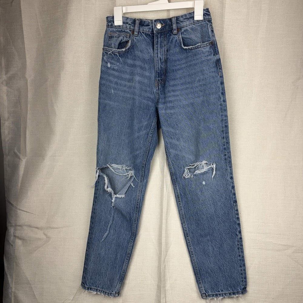 Zara Jeans Womens 6 Blue Wash High Rise Relaxed Mom Distressed Denim Pants